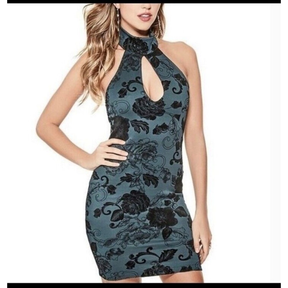 Juniors by G Guess Black Green Keyhole Halter Style Evening Dress Asian / Floral